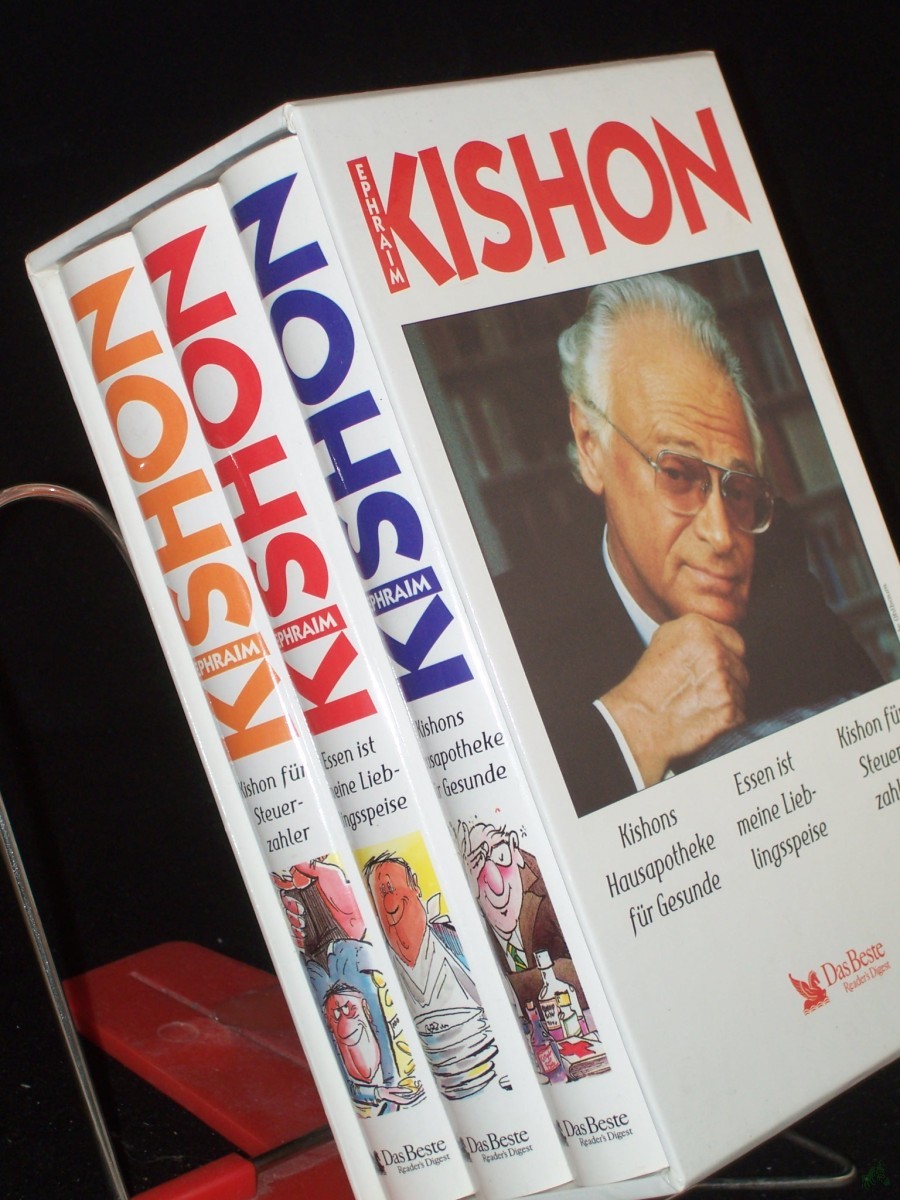 Artikelbild 1 des Artikels “3 Bücher im illustr. Pappschuber: 1.Kishon für Steuerzahler; 2. Kishons Hausapotheke für Gesunde; 3. Essen ist meine Lieblingsspeise - “