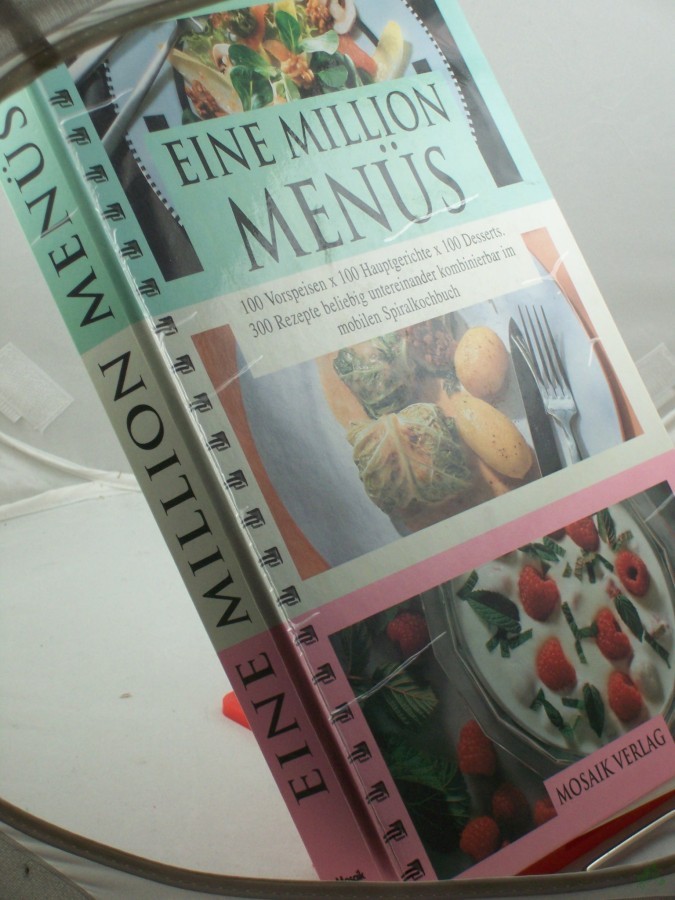 Artikelbild 1 des Artikels “Eine Million Menüs : 100 Vorspeisen x 100 Hauptgerichte x 100 Desserts ; 300 Rezepte, beliebig untereinander kombinierbar / Red.: Cornelia Klaeger. Illustrationen: Ushie Farkas-Dorner “